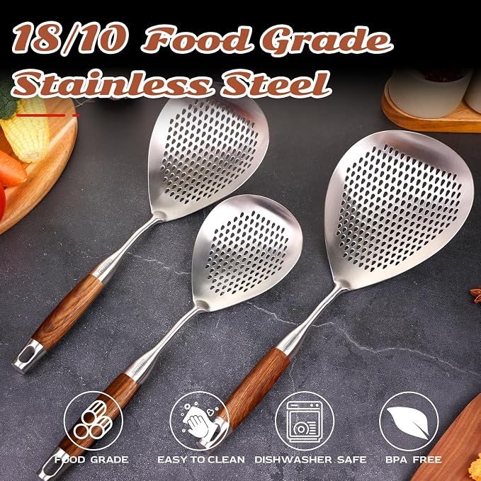 MARTE Skimmer Slotted Spoon Set of 4 - Kitchen Pasta Strainer Spoon - Spider Strainer Skimmer Ladle Spoon with Holder for Cooking and Frying Food, Spaghetti, Vegetable, Dumpling - 14.8In,16.5In,17In