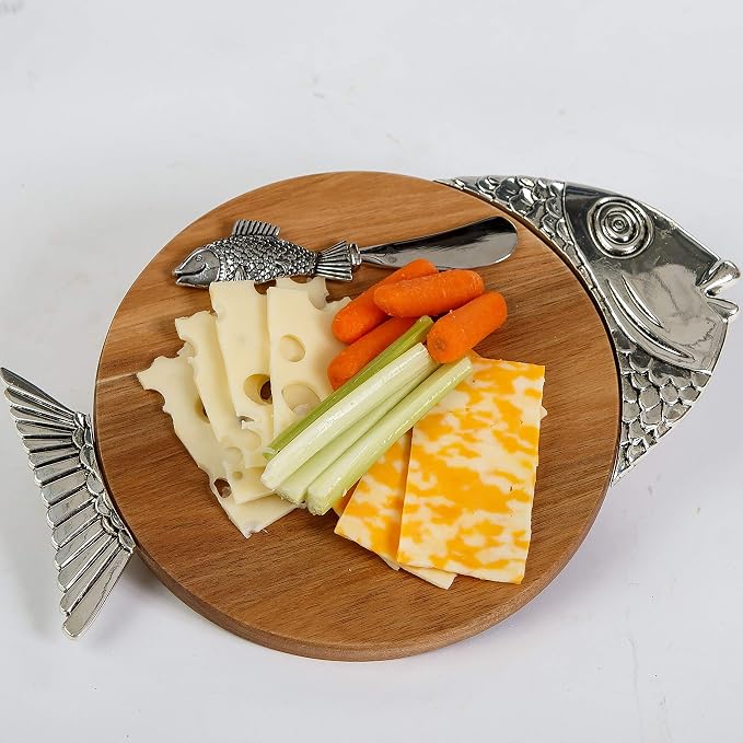 Fish Acacia Wood Cheese & Serving Board with Matching Cheese Knife by Picnic Plus (Fish)