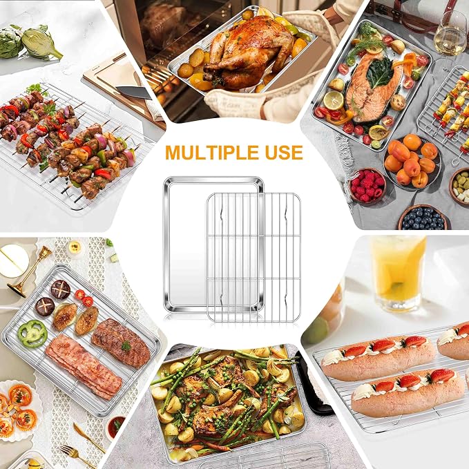 Homikit Quarter Sheet Pan with Wire Cooling Rack (1 Pan+1 Rack), Nonstick | 10x12 Inch Stainless Steel Baking Sheet with Rack, Small Cookie Pans for Toaster Oven, Metal Bacon Tray Dishwasher Safe