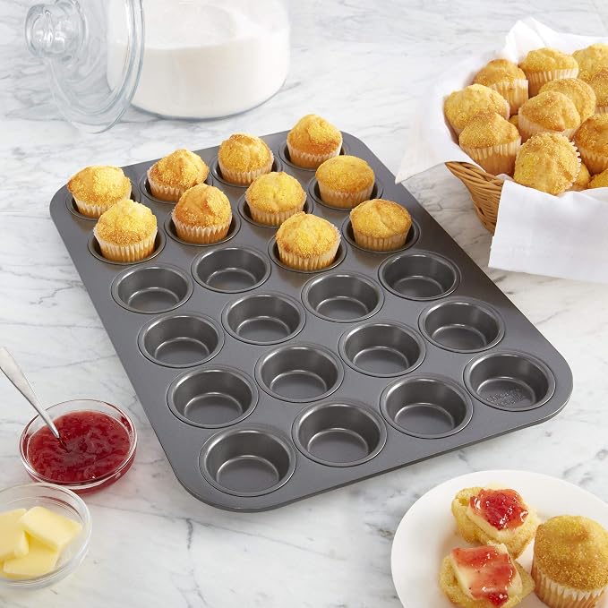 Chicago Metallic 24 Cup Mini Muffin Pan, Nonstick Heavy-Gauge Carbon Steel Cupcake Tin for Even Baking - Dishwasher Safe, 2-Inch Cups for Bite-Size Treats, Egg Bites, Quiches and More