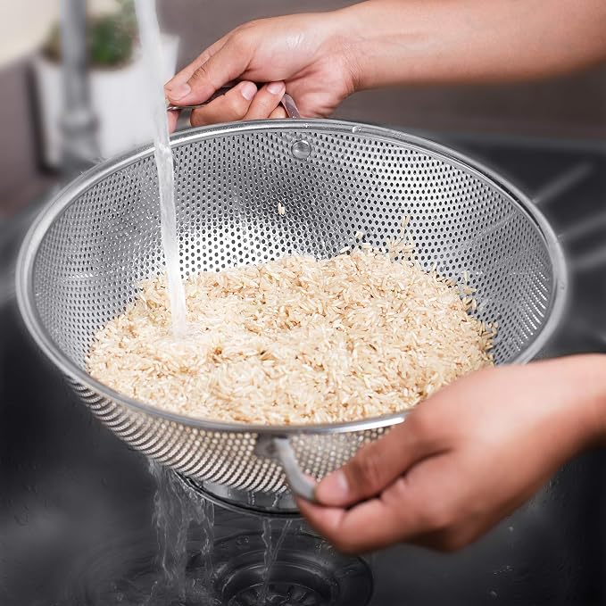 LiveFresh Stainless Steel Micro-Perforated 5-Quart Colander - Professional Strainer with Heavy Duty Handles and Self-draining Solid Ring Base - Dishwasher Safe