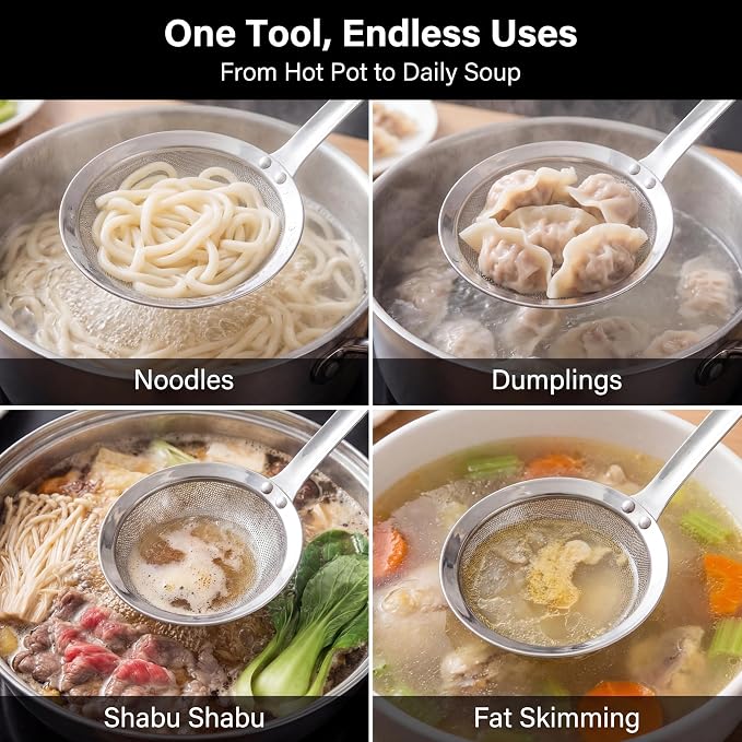 Large Stainless Steel Spider Strainer, 14.2 Inch Skimmer Ladle with Long Handle, Fine Mesh Strainer Spoon for Frying, Cooking, Pasta, Noodles, Dumplings, Hot Pot