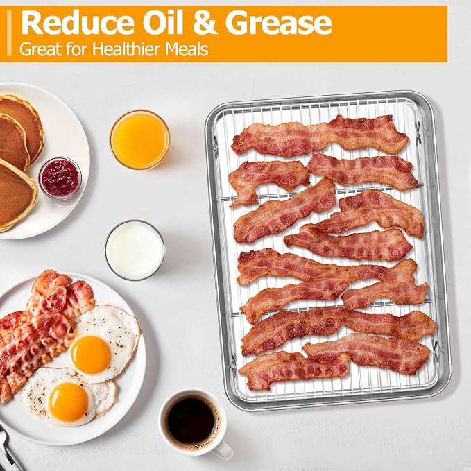 Homikit Half Baking Sheet with Wire Cooling Rack (1 Pan+1 Rack), Nonstick | 18x13 Inch Stainless Steel Cookie Sheets for Baking, Large Baking Pan with Grid Set, Metal Bacon Tray, Oven & Dishwasher Safe