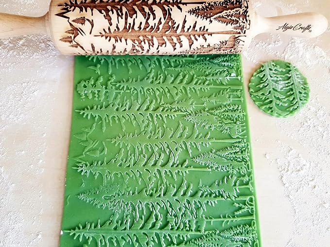 FOREST embossing rolling pin. Engraved wooden embossed dough roller for embossed cookies or clay by Algis Crafts