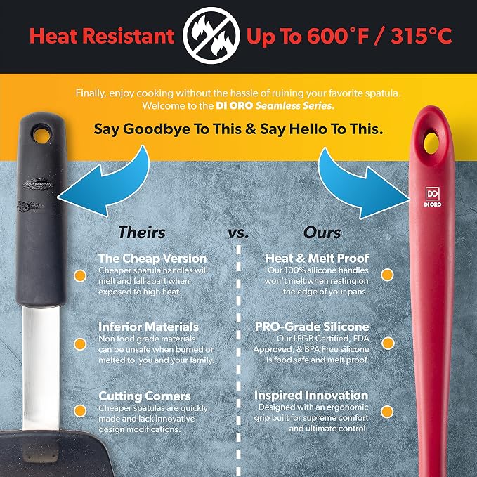 DI ORO Silicone Slotted Spoon - 600°F High Heat Silicone Spoon for Cooking Nonstick Cookware Safe - Silicone Kitchen Spoon for Serving & Stirring - Large Spoon for Mixing - Dishwasher Safe (Red)