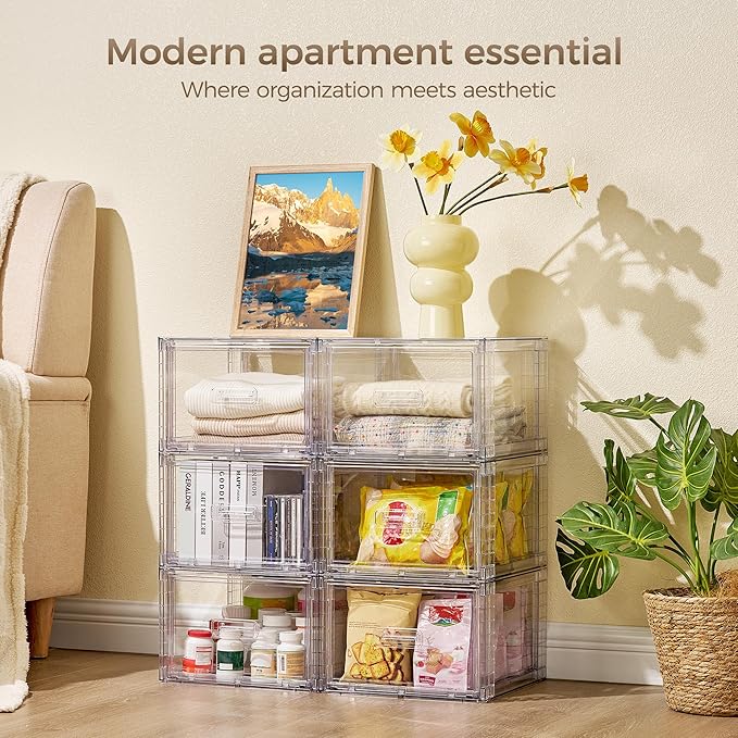 Vtopmart 4 Pack Clear Stackable Closet Storage Drawers 15QT, Medium | Easily Assemble Closet Organizers,Plastic Storage Bins for Bathroom,Cabinet,Kitchen Pantry,Under Sink Organization