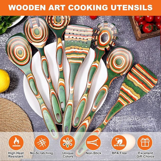 7Pcs Pakkawood Kitchen Utensils Set for Cooking, Wooden Spoons for Cooking, Safe Eco-Friendly, Non-Stick, Wooden Utensil for Cooking,Wooden Cookware Set, Housewarming Kitchen Gifts, Green