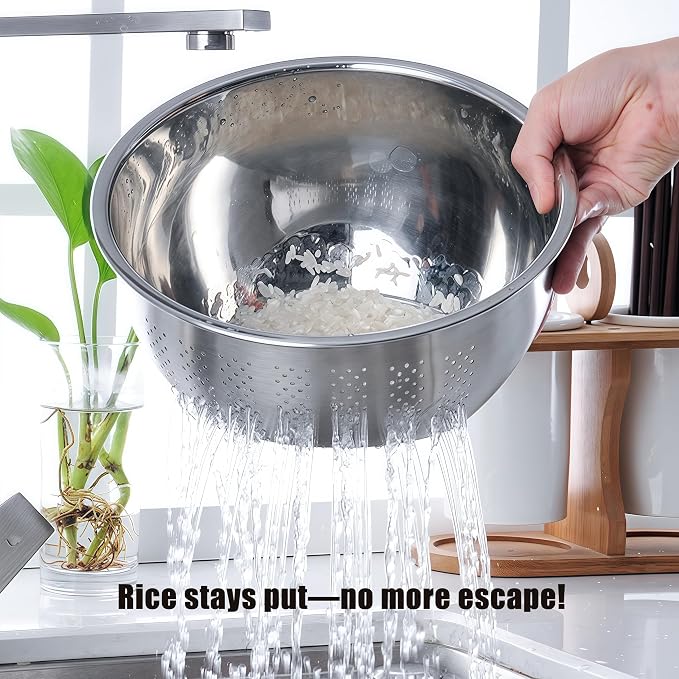 Rice Washer Strainer Bowl, Stainless Steel Quinoa Washing Bowl | Side Drainers Colander for Cleaning Rinsing Fruits, Vegetables, and Beans - Versatile Kitchen Tool