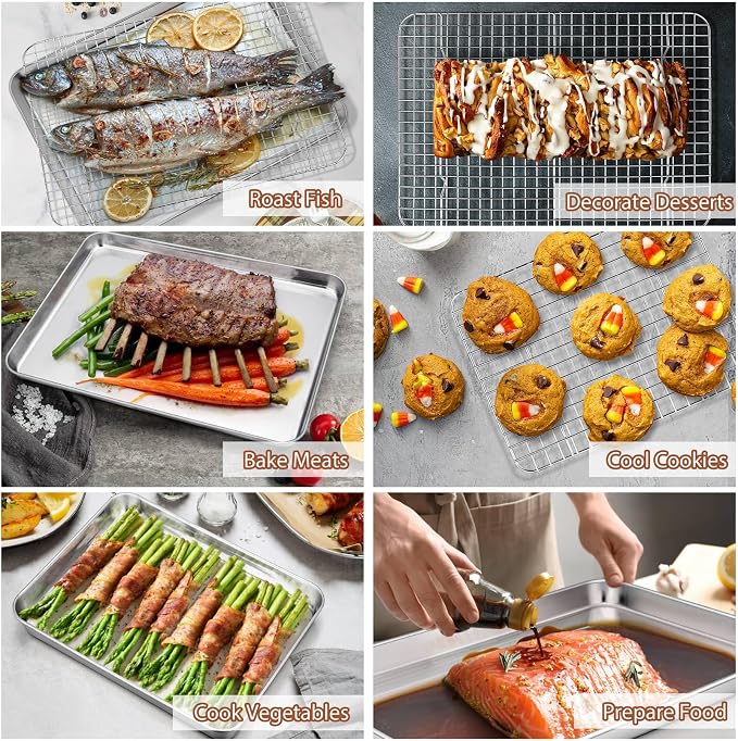 P&P CHEF 17.5 + 16 + 10.4 Inch Baking Sheet Pan and Cooking Rack - 6 Pieces | 3x Cookie Sheet + 3x Grid Rack, Stainless Steel Oven Tray with Wire Rack for Oven Baking, Healthy & Sturdy & Easy to Clean