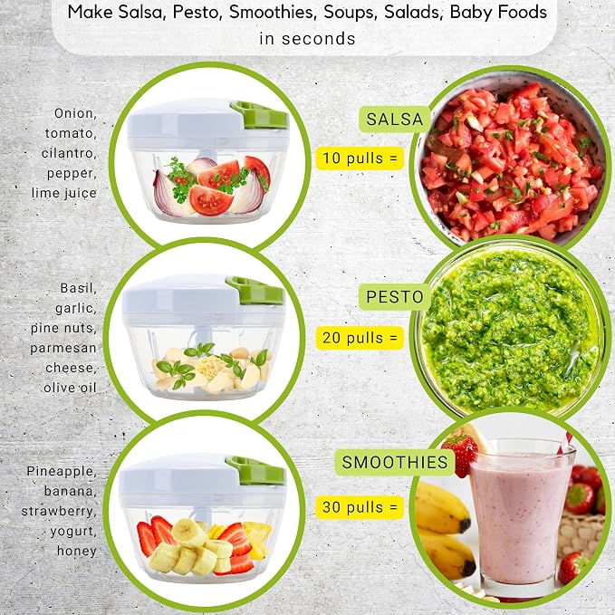 Brieftons Manual Food Chopper, Compact & Powerful Hand Pull Chopper Blender to Chop Onion, Garlic, Vegetables, Fruits, Herbs for Salsa, Salad, Pesto, Hummus, Coleslaw, Puree, Indian Cooking