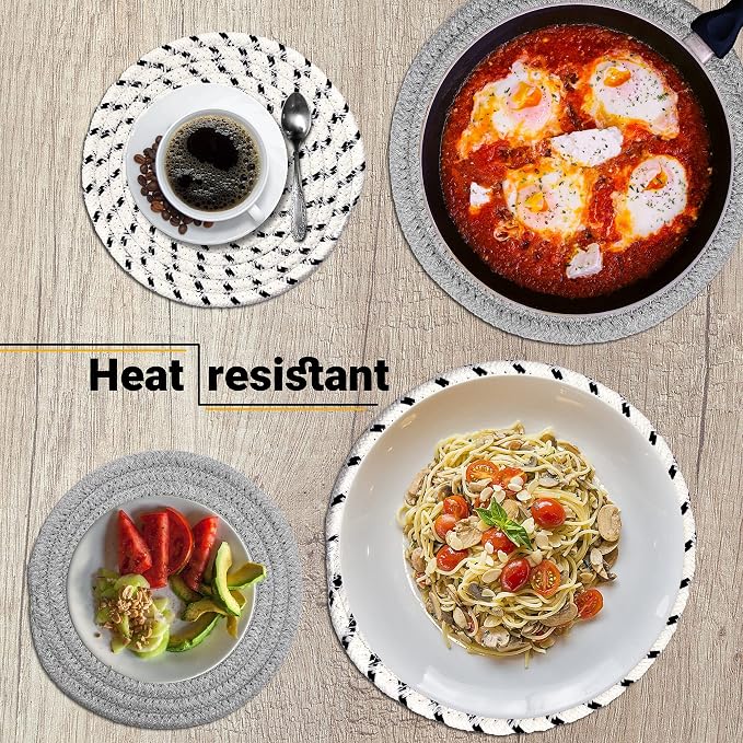 Set of 4 Potholders & Trivets [2x9"+" "+"& "+"2x7"+"] | Eco Pure Cotton Weave for Hot Pots & Pans | Gray + White & Black Flakes