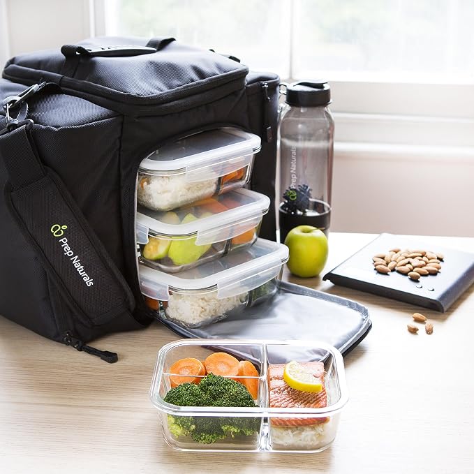 PrepNaturals 5 Pack 34oz Glass Meal Prep Containers - 3 Compartments | Borosilicate Glass Meal Prep Containers - Airtight Leak-Resistant Lids, Microwave, Oven & Freezer Safe (5-Pack, 34 oz)