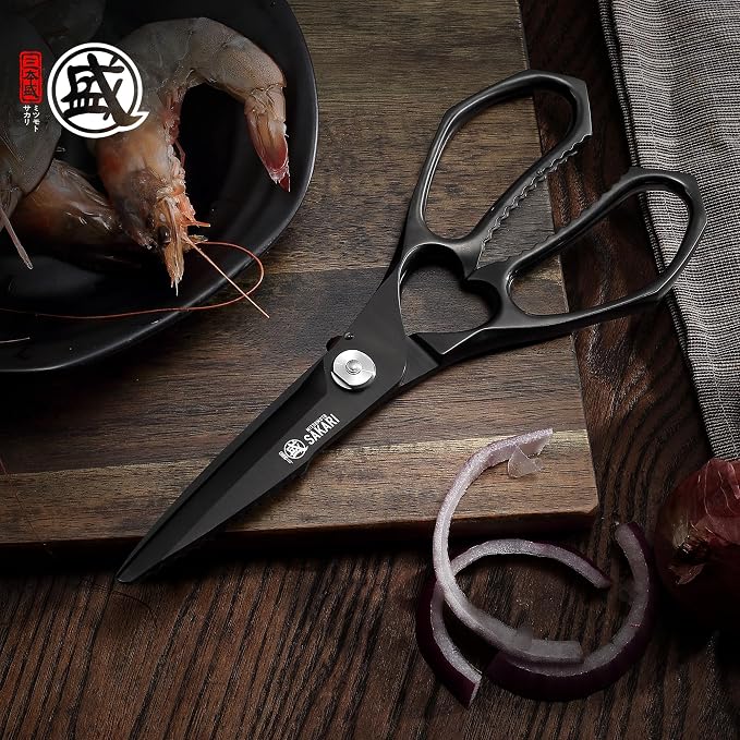 MITSUMOTO SAKARI 8" Kitchen Scissors & Poultry Shears, Detachable | Titanium-Plated 3CR14MOV Steel, Wavy Serration Blade, Multipurpose Bottle & Can Open, Twist-Assembly Easy Clean