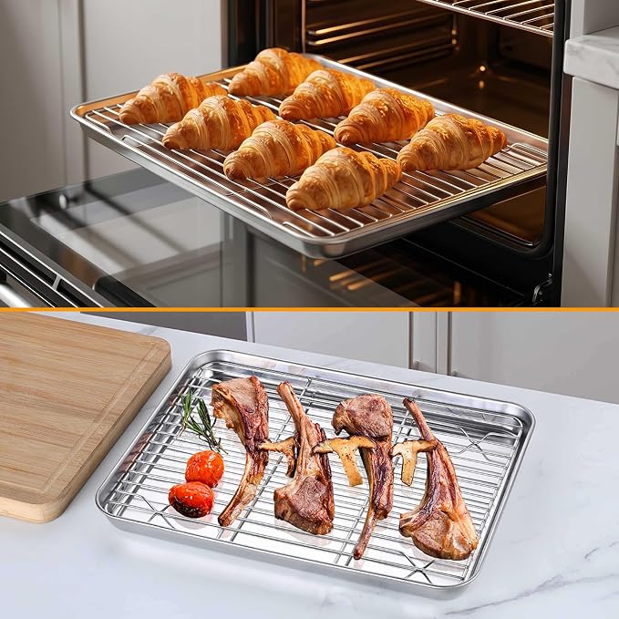 Homikit Quarter Sheet Pan with Rack Set for Toaster Oven (2 Sheets+2 Racks) | 12x10 Inch Stainless Steel Baking Sheets & Wire Cooling Grids, Small Cookie Pans Non Toxic, Metal Bacon Tray, Dishwasher Safe