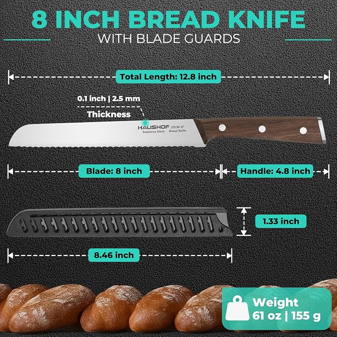 HAUSHOF Bread Knife with Sheath, 8-Inch Serrated Bread Knife for Homemade Bread, 5Cr15Mov Premium Stainless Steel Bread Cutter with Gift Box for Mom Dad, Full Tang and Ergonomic Handle
