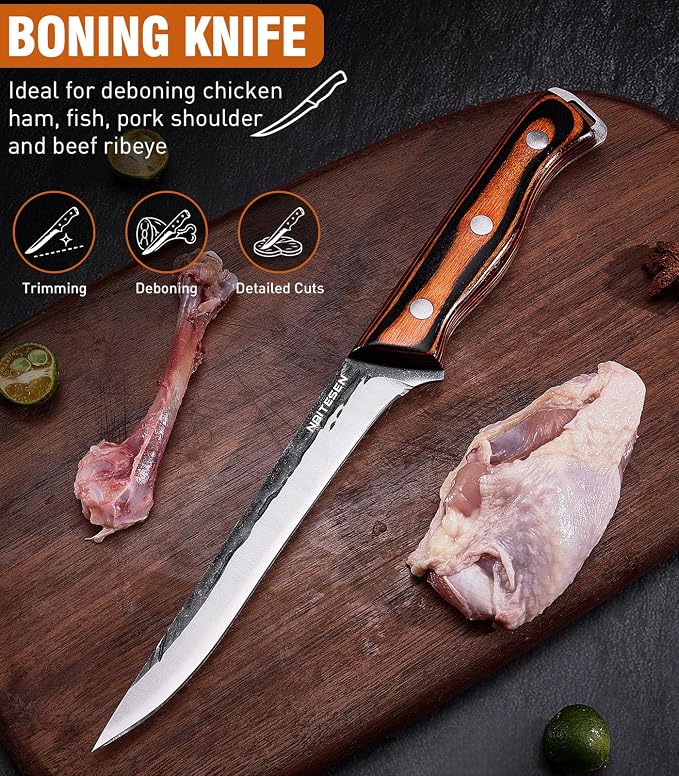 Naitesen 4PCS Hand Forged Butcher Knife and Kitchen Knife 2 in 1 Set | Gift Box Razor Sharp Heavy Duty Meat Cleaver Serbian Chef Knife Breaking Knife Boning Knife for Meat Cutting BBQ Kitchen Use