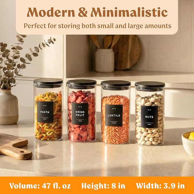 Glass Pantry Storage Jars Containers with Black Lids and Labels - Set of 4 | Extra Thick Round Glass Canisters with Black Lids and 54 Pre-printed Pantry Labels keeps dry Goods Fresh and Organized