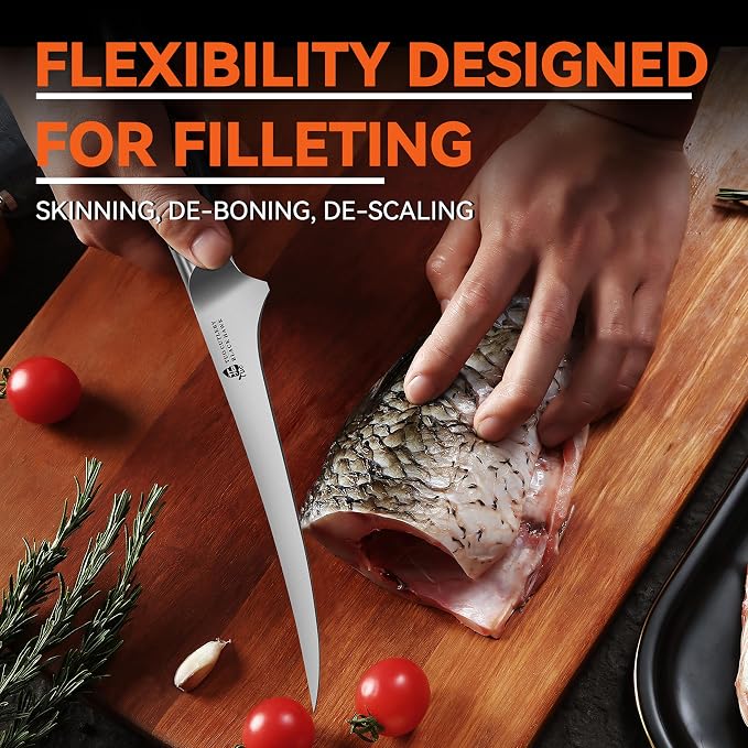 TUO Fillet Knife, 7 Inch Professional Fish Boning Knife for Trimming Meat & Poultry, Flexible Blade, High Carbon German Steel, Full Tang Handle - Black Hawk Series