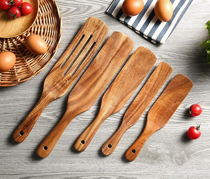 Wooden Spurtles Set with Holder, Natural Teak Kitchen Utensil Set of 6, Heat Resistant Non Stick Wood Cookware with Hanging Hole, Wood Spurtles Spatula Sets for Stirring, Mixing, Serving