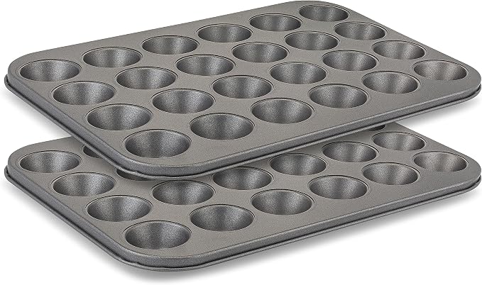 husMait Mini Muffin Pan 24 cup, Set of 2 - Non-Stick Carbon Steel Mini Cupcake Pan Multipack - Heavy Duty 48 Cavity Metal Baking Tray, Warp-Resistant, PFOA Free