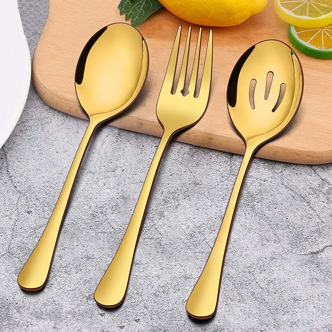 Homikit Stainless Steel Gold Serving Utensils Set of 6, 8.7 Inch Metal Serving Spoons Slotted Spoons Forks Hostess Set for Catering Buffet Party Banquet Restaurant, Mirror Polish, Dishwasher Safe