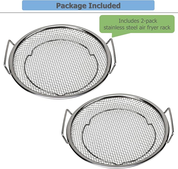 EIKS 2 Pack Air Fryer Rack Round Stainless Steel Basket, Dia. 8 inch | For Toasting, Cooking, Steaming, Cooling, Baking and Oil Strainer