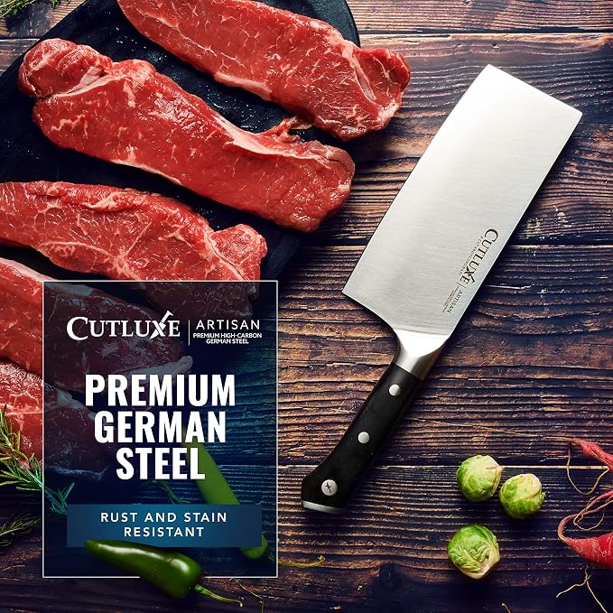 Cutluxe Cleaver Knife - 7" Meat Cleaver, Butcher Knife for Meat Cutting – German Steel Blade, Full Tang, Ergonomic Handle Design – Artisan Series