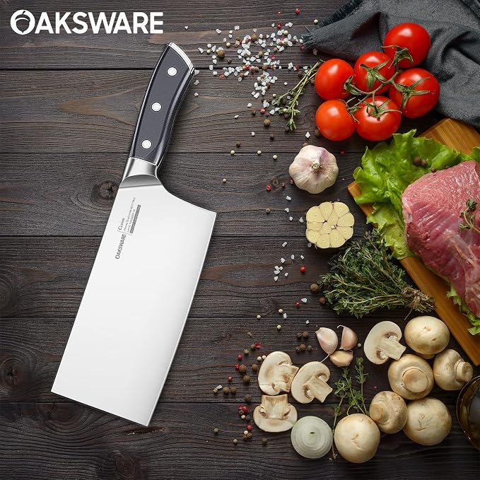 OAKSWARE Cleaver Knife 7 Inch, Chinese Chopping Knife Cleaver, German Steel & Ergonomic ABS-Handle, Sharp Meat Cleaver for Meat Cutting Vegetable Slicing
