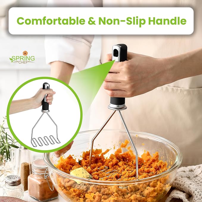 Spring Chef Potato Masher Stainless Steel - Heavy Duty Mashed Potato Masher Kitchen Tool - Fruit & Food Smasher For Avocado, Banana, Eggs - Bean Smasher Tool - Durable Metal Mashing Utensil