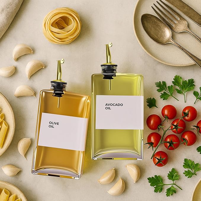 Glass Oil Dispenser for Kitchen, Olive Oil Dispenser Bottle, Set of 2, Gold