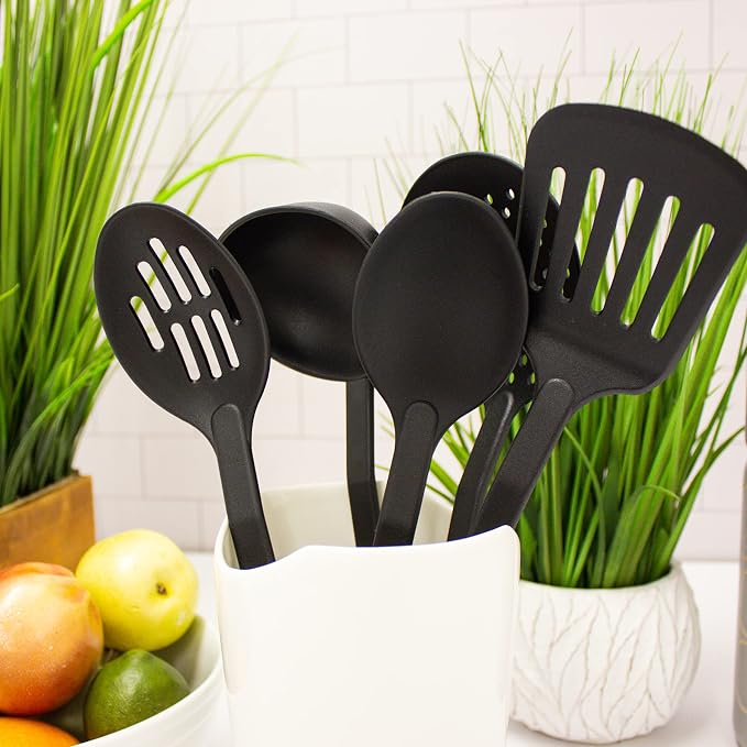 BergHOFF Studio 5Pc Nylon Cooking Utensil Set Skimmer Slotted Turner Slotted Spoon Soup Spoon Ladle Black Wide Handle with Hanging Ring Everyday Use