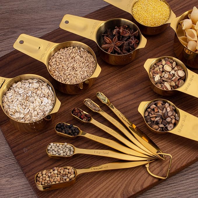13-Piece Measuring Cups and Spoons Set, 18/8 Stainless Steel, Gold | Clearly Marked US and Metric Measurements, 7 Cups and 6 Spoons Nest for Dry and Wet Ingredients in Cooking and Baking