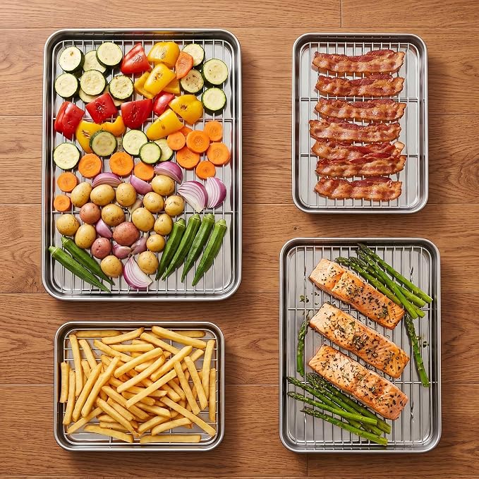 Homikit Baking Sheet with Wire Rack Set (4 Pans + 4 Racks), 16/12/10/9 Inch | Stainless Steel Sheet Pans with Cooling Racks for Oven, Heavy Duty Metal Cookie Bacon Baking Trays Non Toxic, Dishwasher Safe