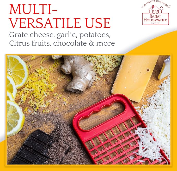 Better Houseware Grater for Kitchen - Kids Safe & Durable Small Cheese Grater with Dual Sides - Coarse Holes for Potatoes, Garlic, and Chocolate, Fine Holes for Pudding Texture - Easy to Clean, Red