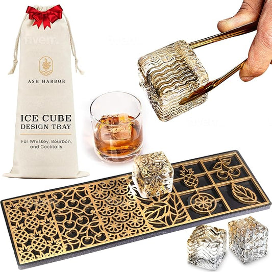 Clear Ice Cube Maker Design Tray - Craft Modern Ice Molds for Bourbon & Cocktails in 5 Seconds - Whiskey Mold Cube Stamp – Bartender Accessories - Copper Ice Press Cocktails by Ash Harbor (Botanicals)