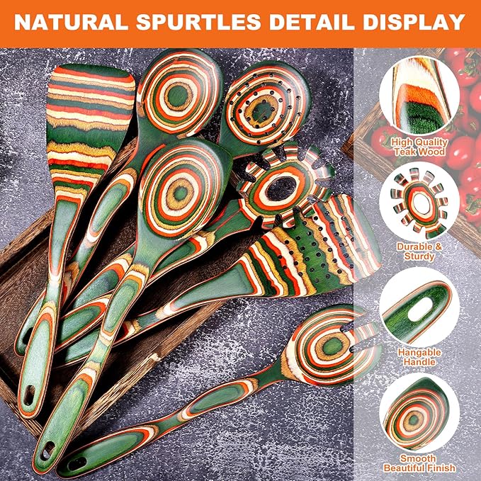 7Pcs Pakkawood Kitchen Utensils Set for Cooking, Wooden Spoons for Cooking, Safe Eco-Friendly, Non-Stick, Wooden Utensil for Cooking,Wooden Cookware Set, Housewarming Kitchen Gifts, Green