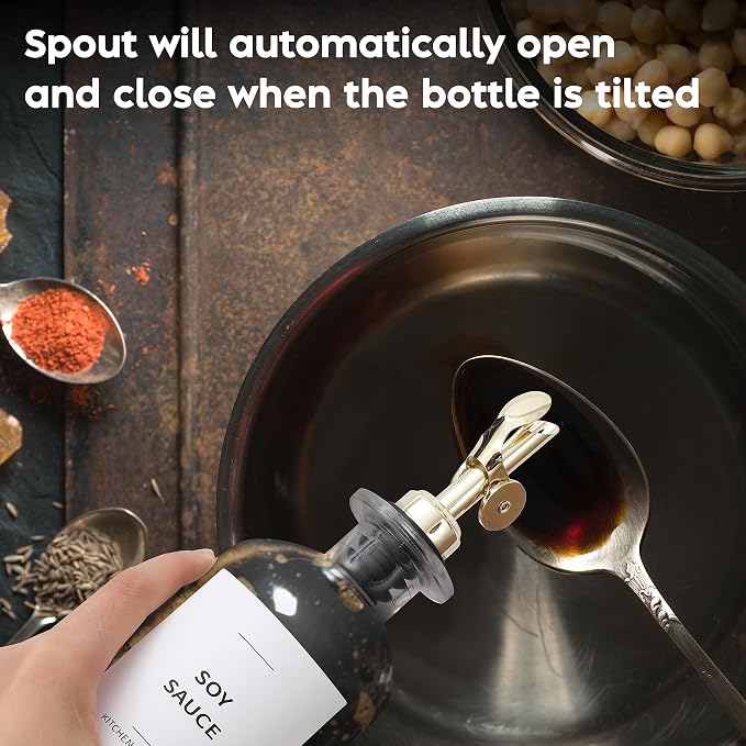 Spaceneat Oil Dispenser for Kitchen - Glass Olive Oil Bottle Set of 4 (11.8oz) with Gold Weighted Self-Closing Pourer - Cooking Oil Dispenser with 66 Labels, Aligner & Funnel