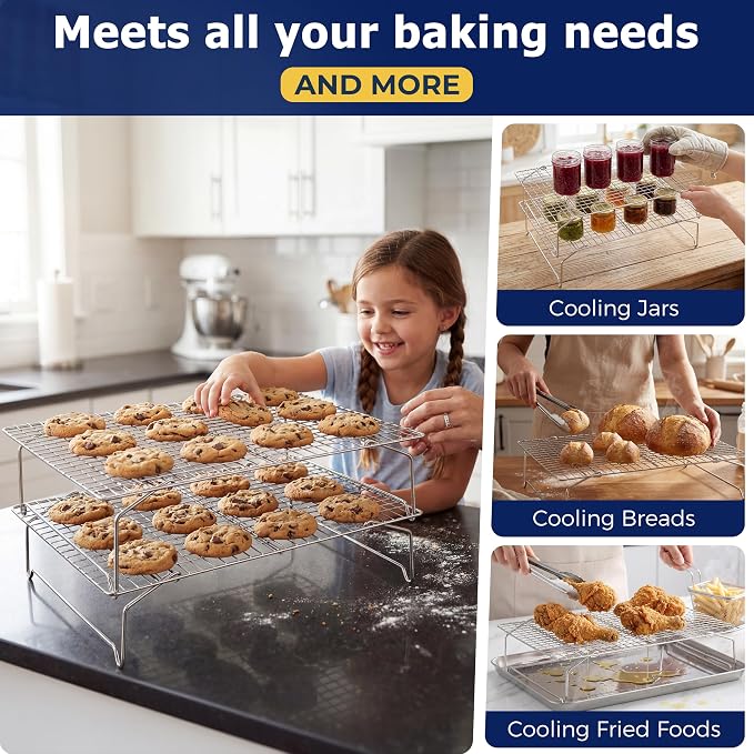 E-far Cooling Rack 15”x10”, 3-Tier Collapsible for Cooking and Baking | Tight-Wire Stainless Steel Cookie Rack for Baking Sheet, Oven, Roasting, Stackable & Space Saving, Dishwasher Safe