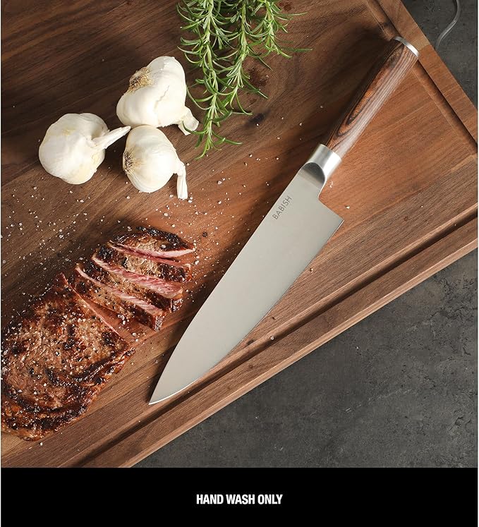 Babish 8-Inch Chef Knife – High-Carbon 1.4116 German Steel Kitchen Knife with Dark Pakka Wood Handle, Full-Tang Razor Sharp Chef’s Blade for Chopping, Slicing, Dicing & Everyday Prep