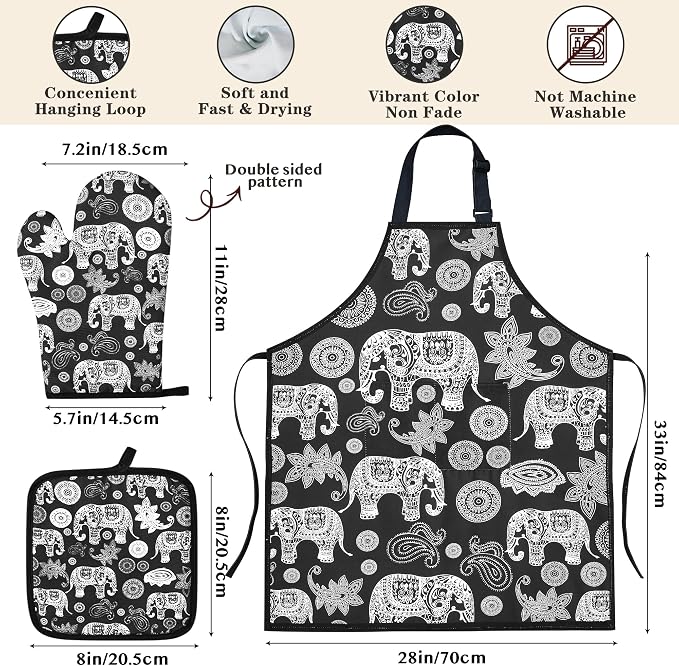 Elephant Gifts for Women,8pcs Elephants Bamboo Cooking Utensil Spoons with Apron Oven Mitt Potholder,Personalized Elephant Gift for Mom,Housewarming Kitchen Decor,Easter,Birthday,Fathers Day