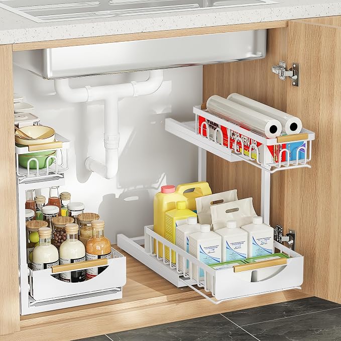 Under Sink Organizer and Storage for Bathroom and Kitchen - 2 Pack 2 Tier | Cabinet Pull Out Shelf Organizers - Slide Out Drawer Organization for Home Cabinets Shelves and Drawers
