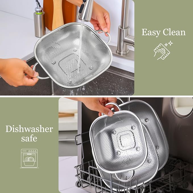 E-far 6QT Stainless Steel Colander with Handle - Square Metal Kitchen Strainer for Pasta & Vegetable Draining, Micro-Perforated & Elevated Feet, Dishwasher Safe