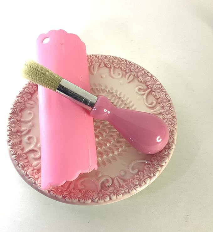 BonCera, All-in-one Premium Ceramic Garlic Grater Plate 4-Piece Set - Pink Embossed Design and Style - For Garlic, Ginger, Chocolate, and more! - Comes with 5.25" Plate, Peeler, Brush, and Stand