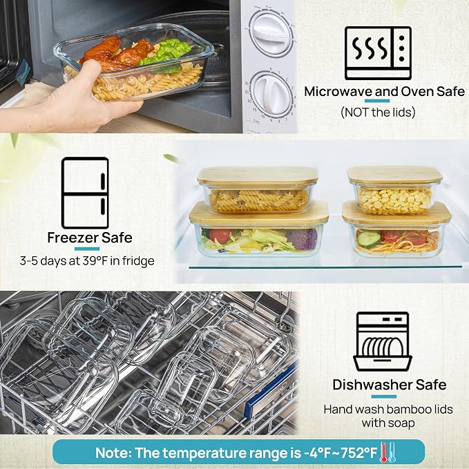 Vtopmart 4 Pack Glass Food Storage Containers with Bamboo Lids Meal Prep | Reusable Meal Prep Containers for Leftovers, Lunch & Kitchen Storage, Microwave, Oven, Freezer and Dishwasher Safe