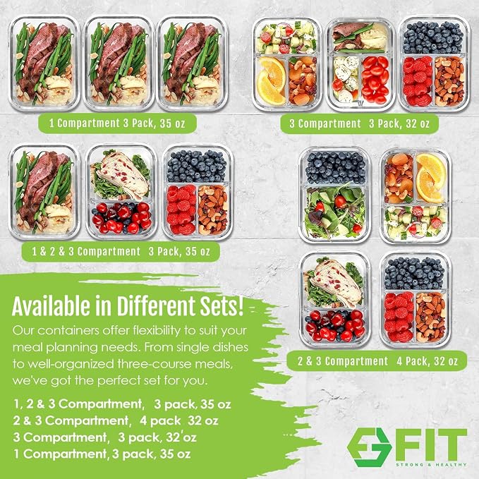Glass Meal Prep Containers 2 & 3 Compartments with Lids 4 Pack 32 oz | Glass Food Storage Portion Control Bento Box, Airtight Leak Proof Lids, Microwave Oven Freezer Dishwasher Safe, Lavender