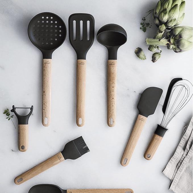 Lacor Unite 68189 Silicone Pasta Spoon, Professional Spaghetti Server, Beech Wood Handle, Does Not Damage the Pan, High Temperature Resistant, BPA Free, 32.5 cm, Grey