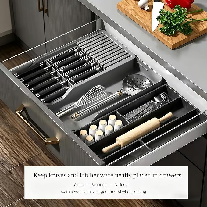 RIIPOO Expandable Drawer Knife Organizer, Adjustable Kitchen In-Drawer Knife Block Holder