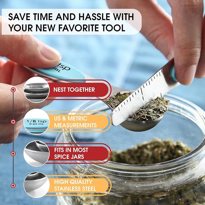 Spring Chef Stainless Steel Magnetic Measuring Spoons Set of 8 with Leveler, Nesting Metal Teaspoon & Tablespoon Measuring Spoons, Fits in Spice Jars, Kitchen Gadgets for Baking & Cooking - Aqua Sky