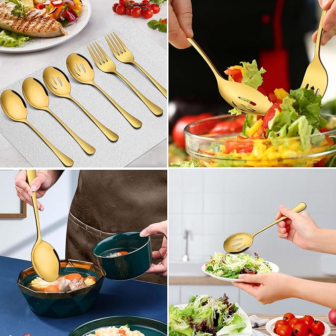 Homikit Stainless Steel Gold Serving Utensils Set of 6, 8.7 Inch Metal Serving Spoons Slotted Spoons Forks Hostess Set for Catering Buffet Party Banquet Restaurant, Mirror Polish, Dishwasher Safe