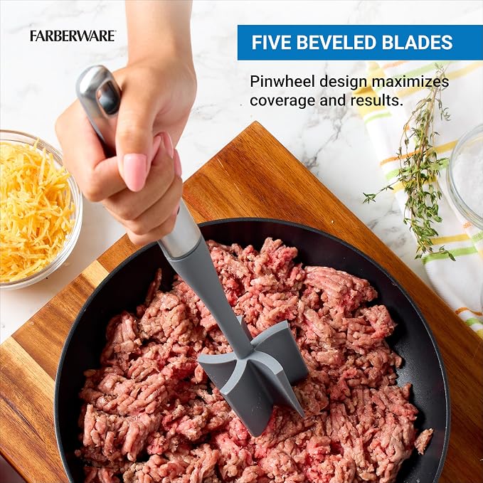 Farberware Pro Meat Masher and Potato Masher with Soft-Touch Handle, Ground Beef Chopper Tool, Heat-Resistant to 450F, Dishwasher Safe, Grey